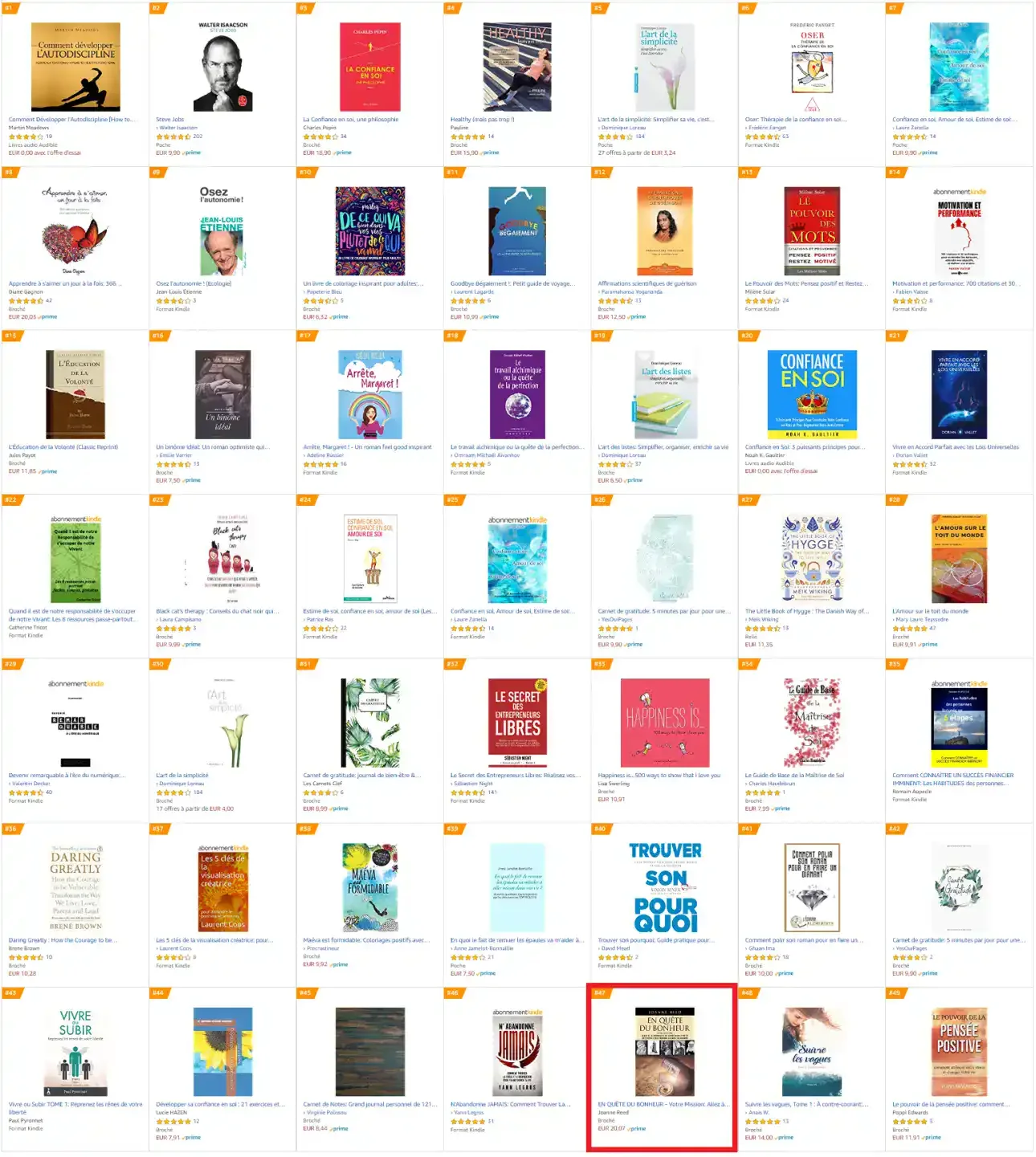 Screenshot of French Amazon rankings showing En Quête de Bonheur in the Top 100 chart.