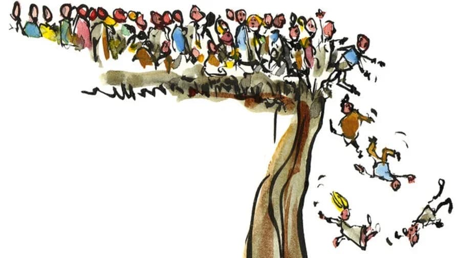 Cartoon of a crowd jumping off a cliff in classic lemming fashion