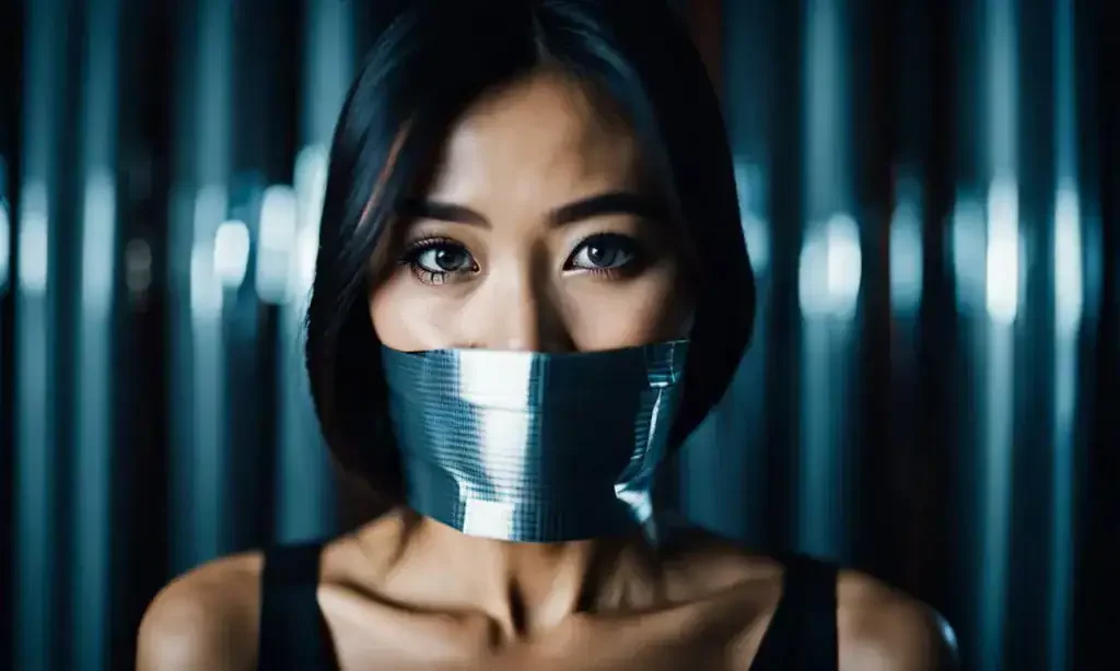 Woman with long hair and intense eyes, her mouth covered by silver duct tape.